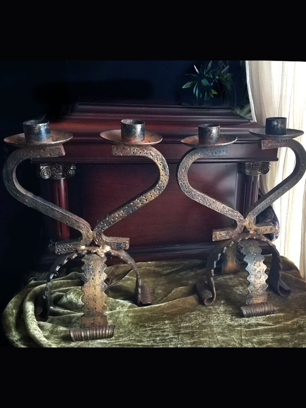 Pair of Vintage MCM 1960s Brutalist Wrought Iron Candelabras 9” Beautiful Patina